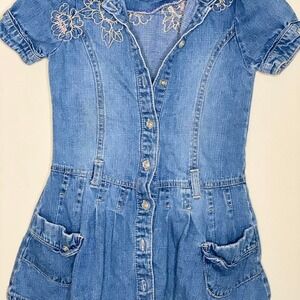 FADED Glory Blue denim shirt button up dress with embroidered flowers and pocket
